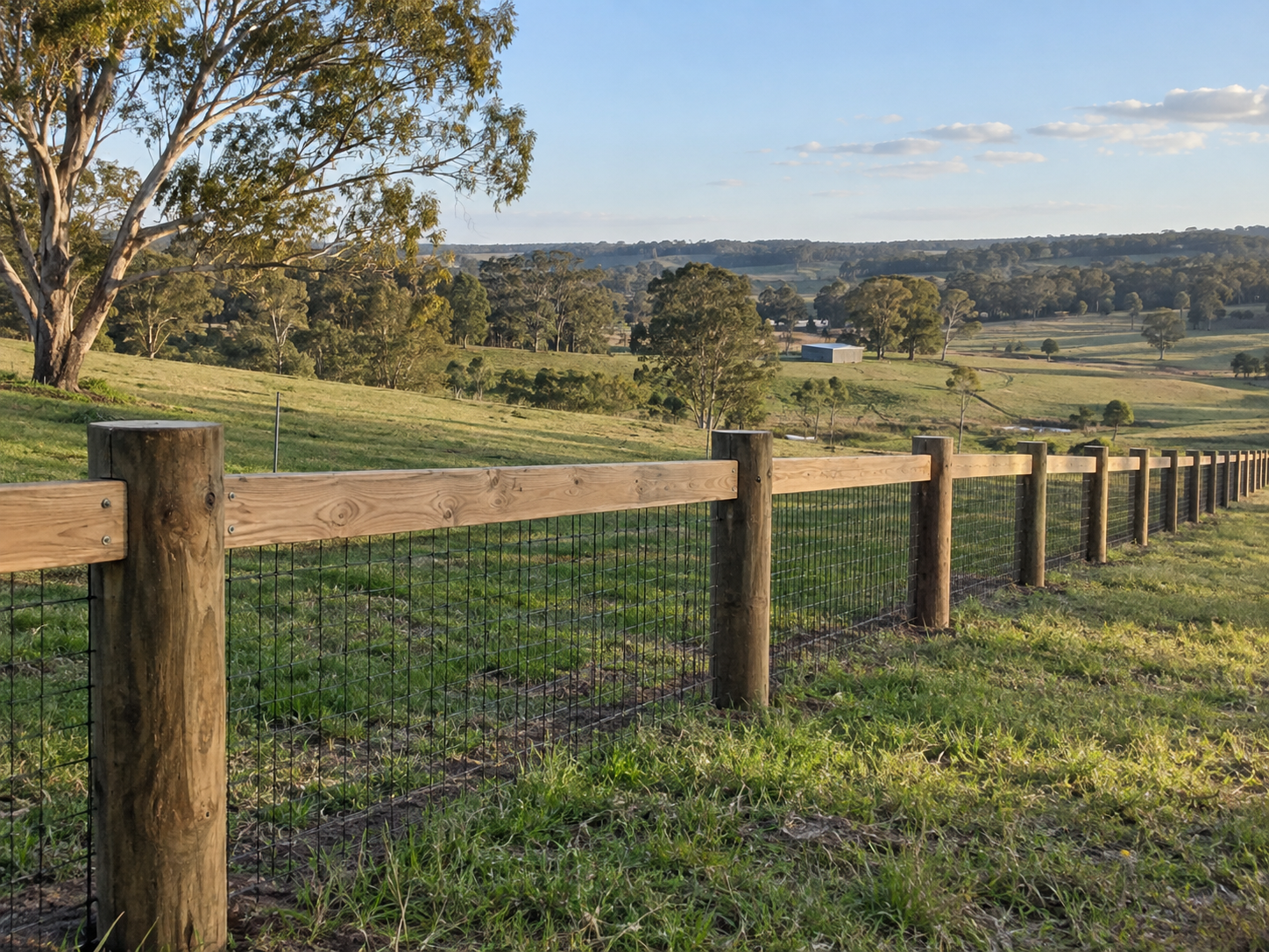 Timber post and wire rural fencing on a Central Coast property
