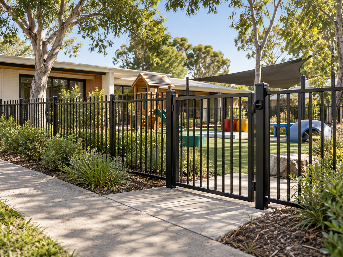 Black steel fencing and gate at a commercial childcare centre