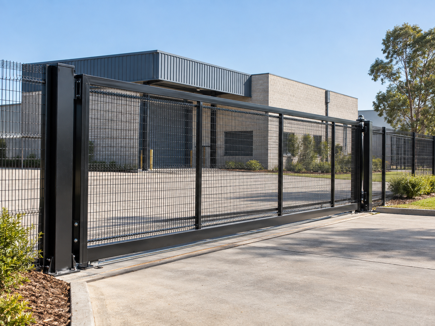 Heavy-duty sliding security gate at an industrial site