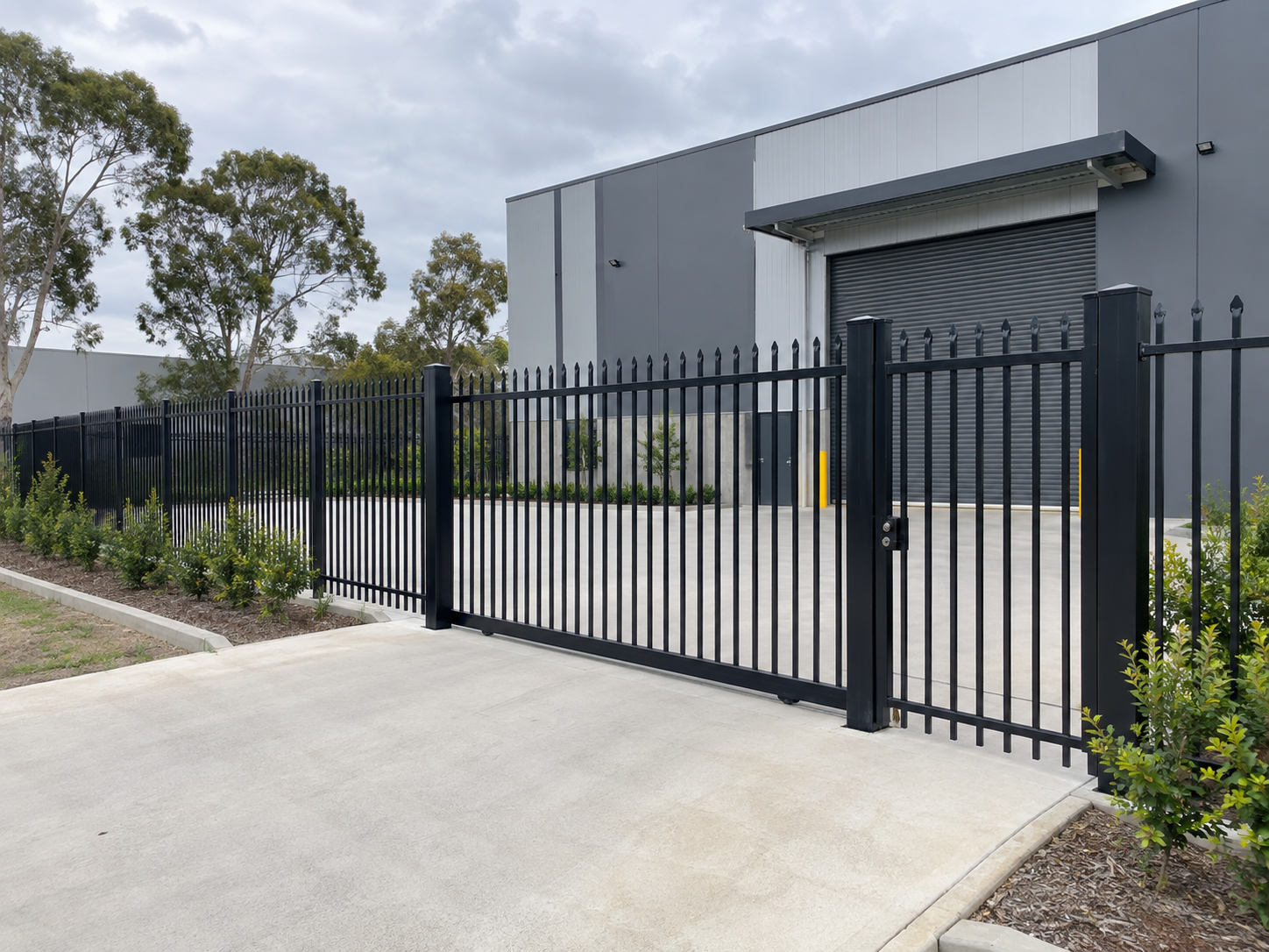 Black aluminium security fence and sliding gate at a commercial building