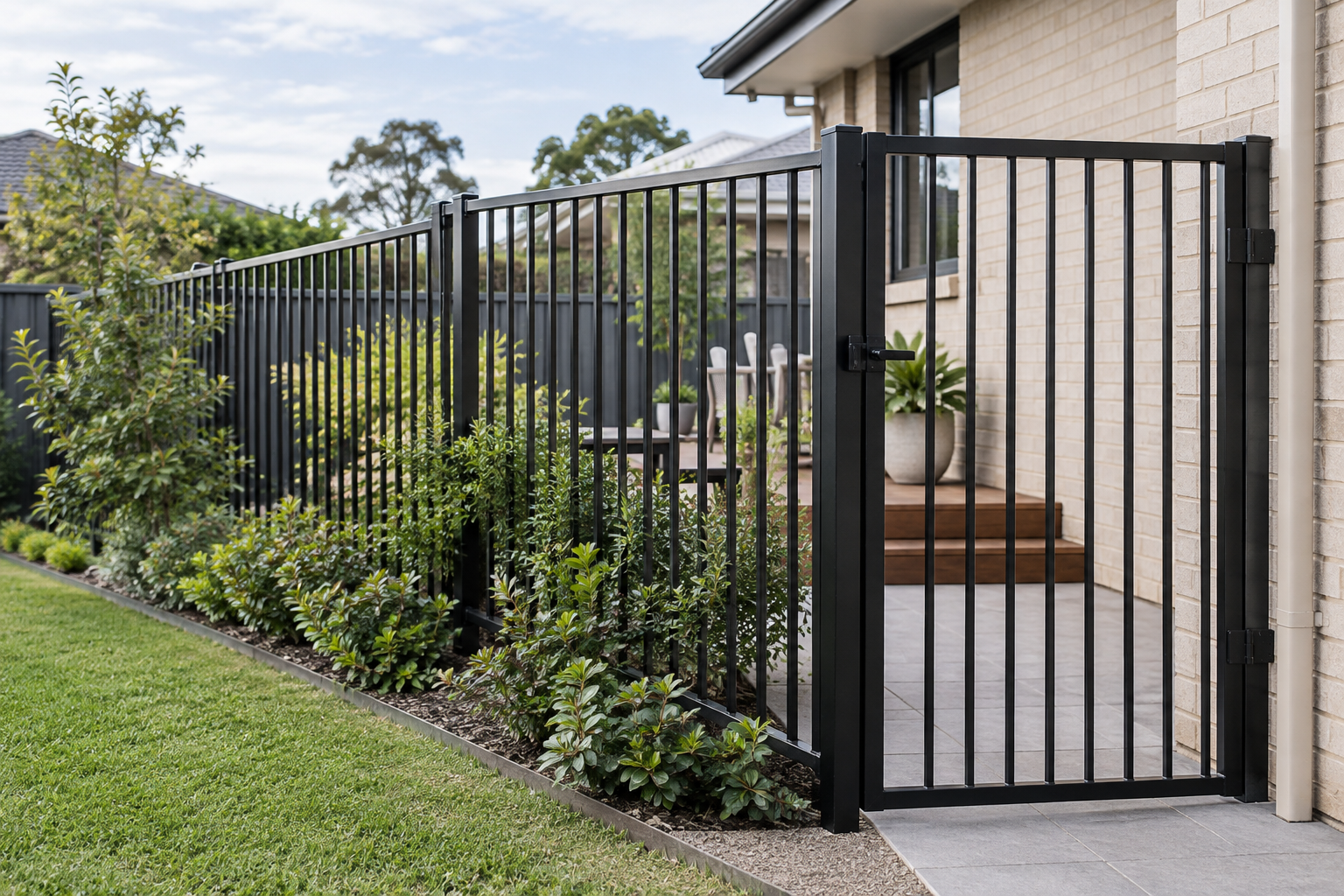 Black aluminium fence and pedestrian gate