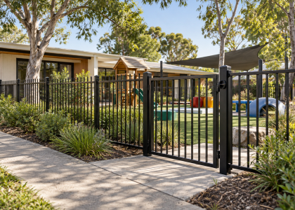 Black steel fencing and gate at a commercial childcare centre