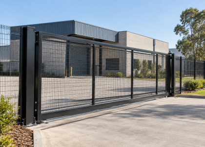 Heavy-duty sliding security gate at an industrial site
