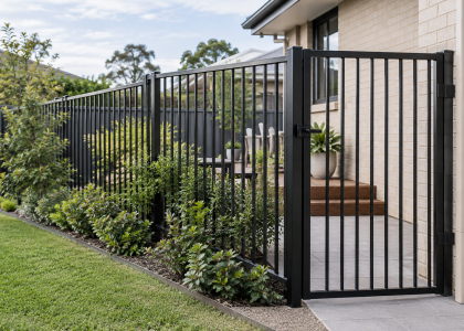 Black aluminium fence and pedestrian gate