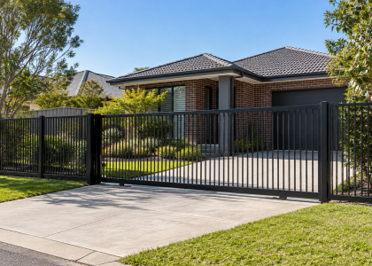 Black powder-coated aluminium fence and driveway gate